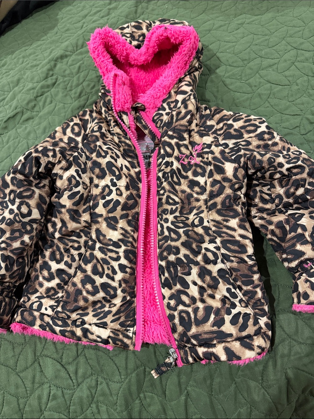 ZeroXposur Girls Leopard Print Puffer Jacket with Hot Pink Sherpa